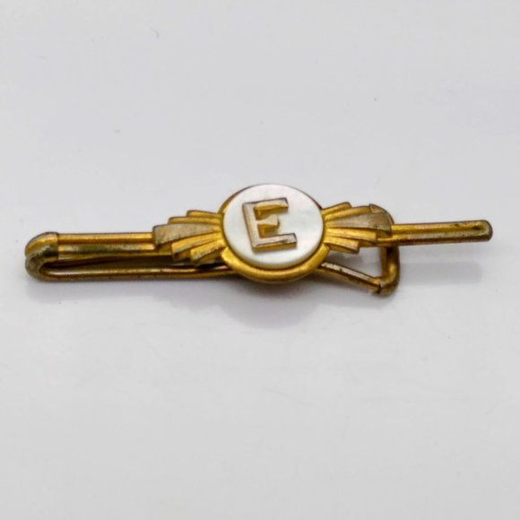 Vintage Elegant Letter E Tie Bar Slide, Art Deco Dimensional Initial Clip, Gold